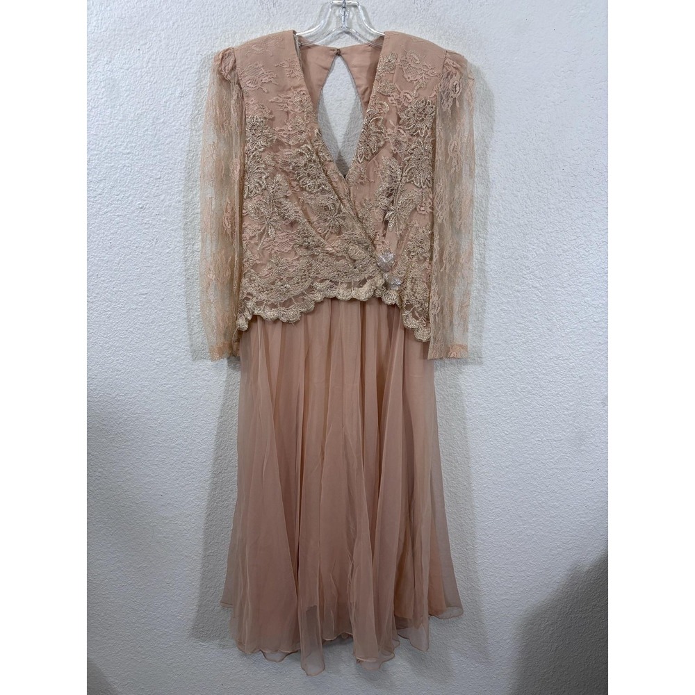 Vintage JoEd Sophisticates Dress Womens M/L Orange Lace Beaded Maxi Formal 80s